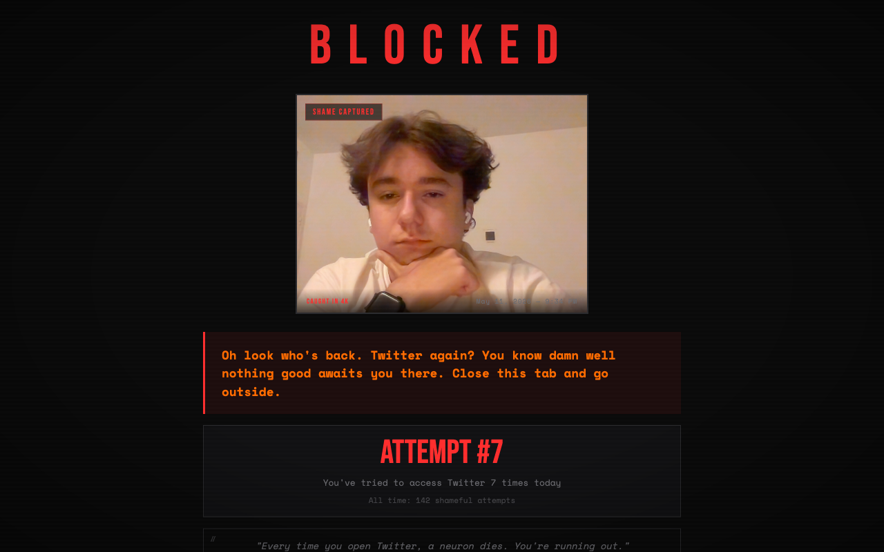 Block page showing shame selfie capture